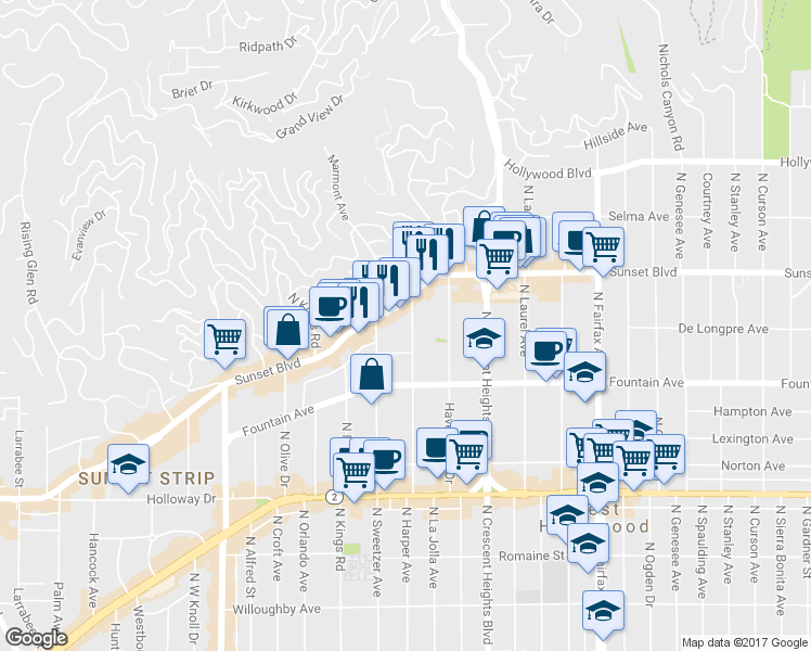 map of restaurants, bars, coffee shops, grocery stores, and more near 8272 Sunset Boulevard in West Hollywood