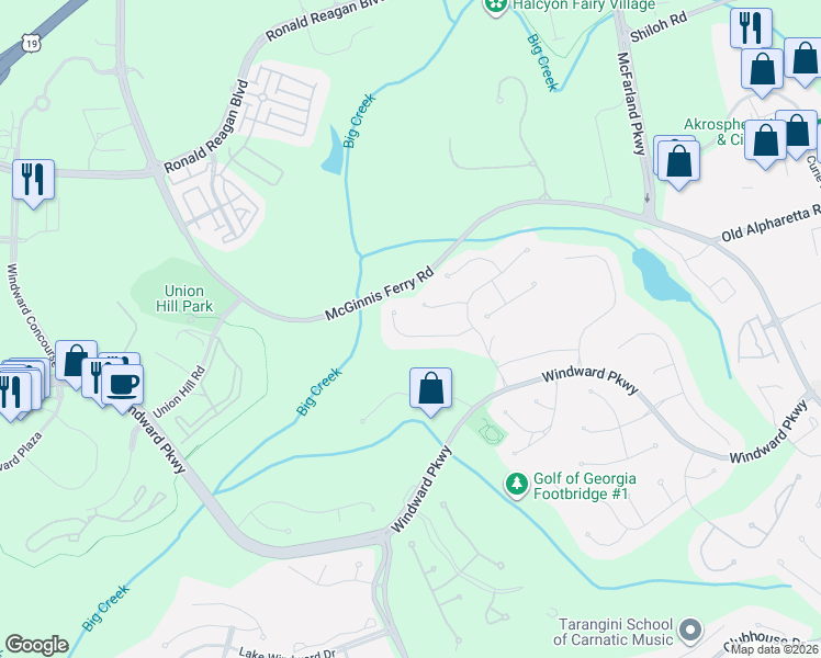map of restaurants, bars, coffee shops, grocery stores, and more near 1550 Wynridge Pointe in Alpharetta