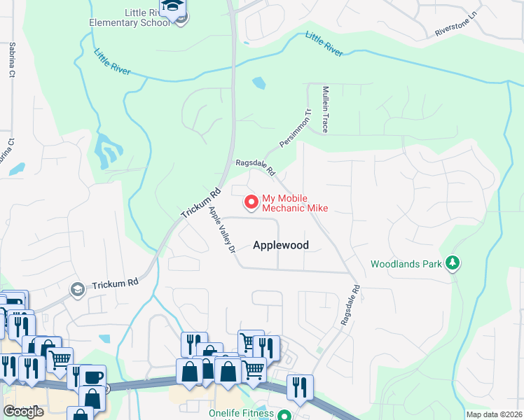 map of restaurants, bars, coffee shops, grocery stores, and more near 215 Apple Branch Drive in Woodstock