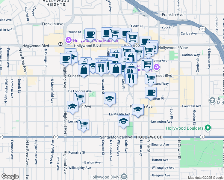 map of restaurants, bars, coffee shops, grocery stores, and more near 6539 De Longpre Avenue in Los Angeles
