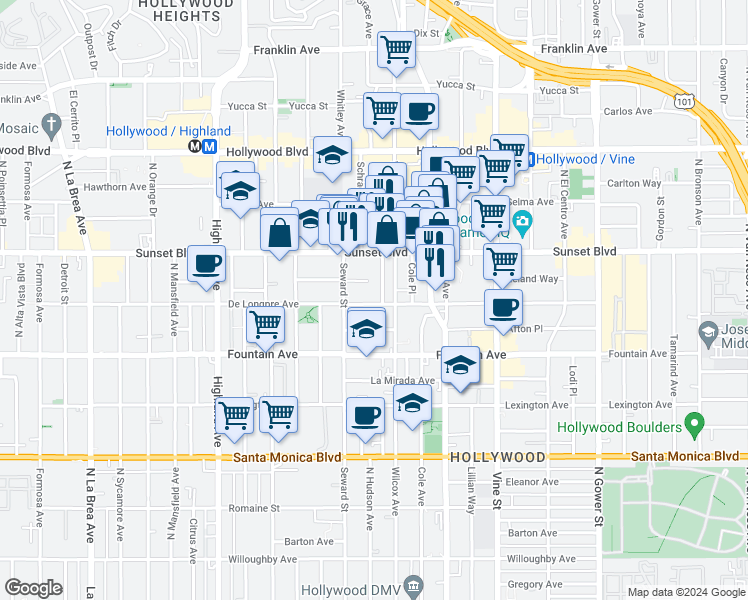 map of restaurants, bars, coffee shops, grocery stores, and more near 6539 De Longpre Avenue in Los Angeles