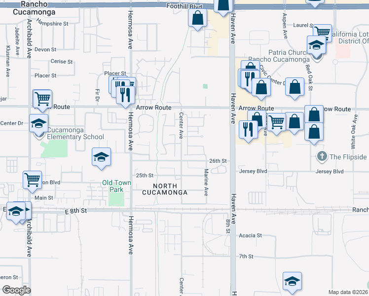 map of restaurants, bars, coffee shops, grocery stores, and more near 8656 Harvest Place in Rancho Cucamonga