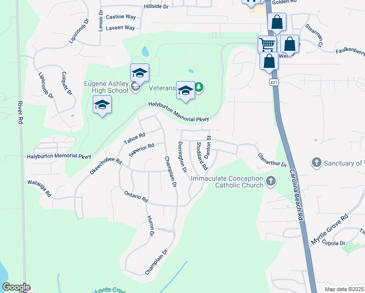 map of restaurants, bars, coffee shops, grocery stores, and more near 6607 Dorrington Drive in Wilmington