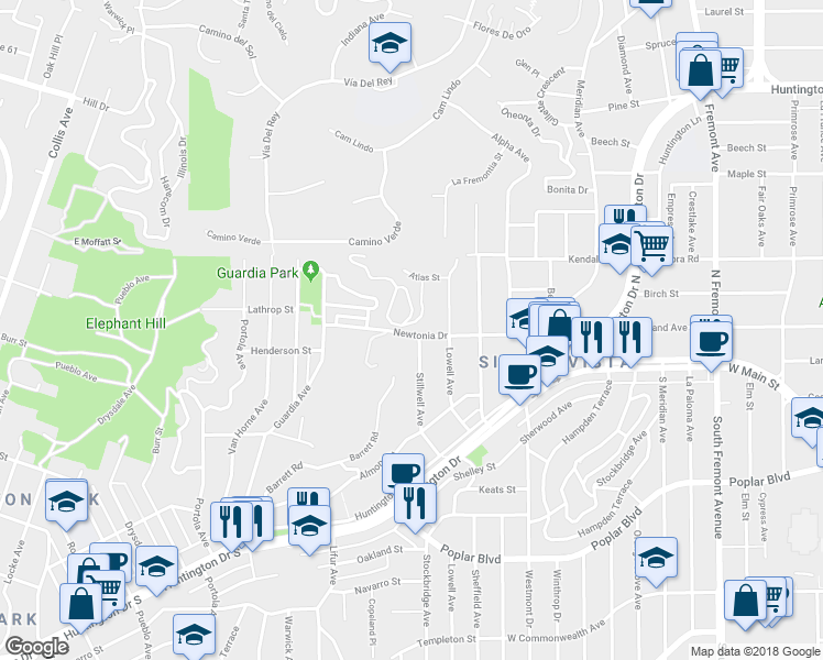 map of restaurants, bars, coffee shops, grocery stores, and more near 5323 Newtonia Drive in Los Angeles