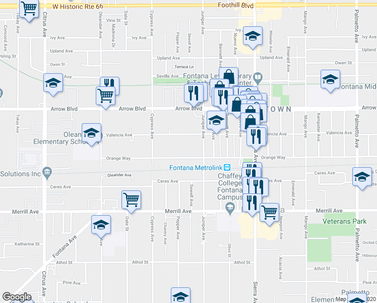 map of restaurants, bars, coffee shops, grocery stores, and more near 16646 Orange Way in Fontana