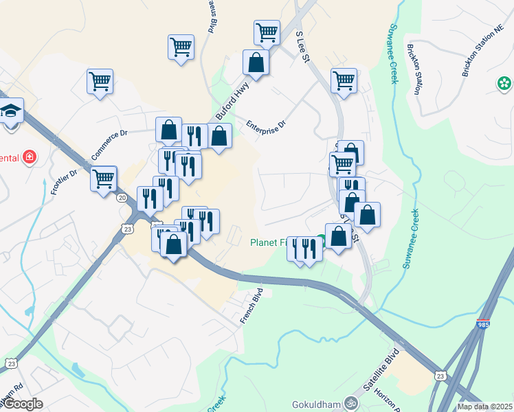map of restaurants, bars, coffee shops, grocery stores, and more near 4182 Sturgeon Circle in Buford