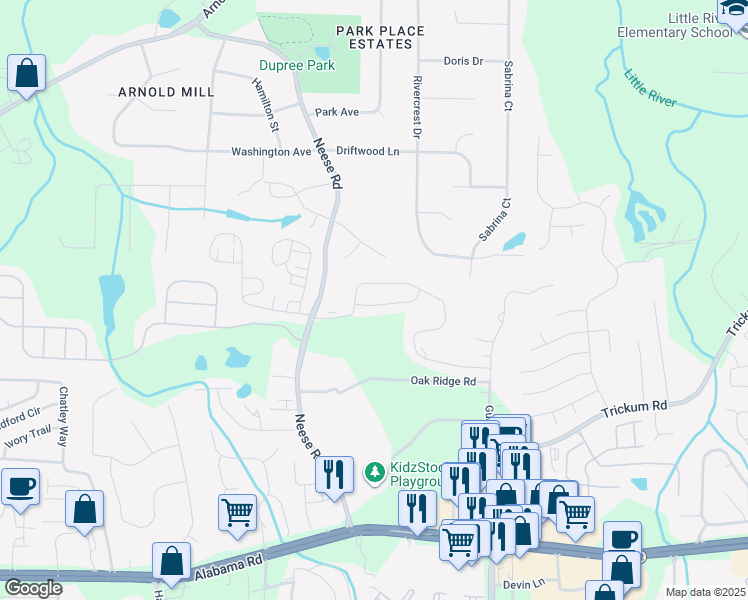 map of restaurants, bars, coffee shops, grocery stores, and more near 309 Davis Lane in Woodstock