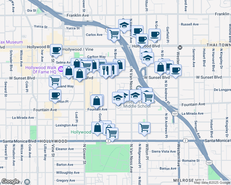 map of restaurants, bars, coffee shops, grocery stores, and more near 1421 North Bronson Avenue in Los Angeles