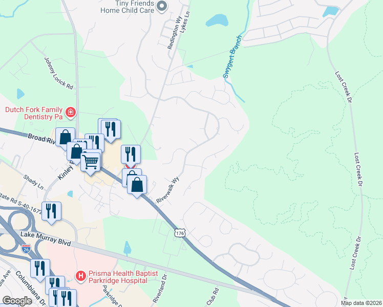 map of restaurants, bars, coffee shops, grocery stores, and more near 216 Riverwalk Way in Irmo