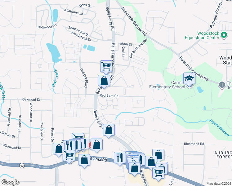 map of restaurants, bars, coffee shops, grocery stores, and more near 850 Red Barn Road in Acworth