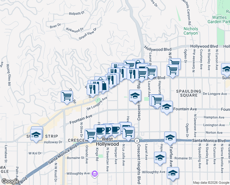 map of restaurants, bars, coffee shops, grocery stores, and more near 1425 North Harper Avenue in West Hollywood