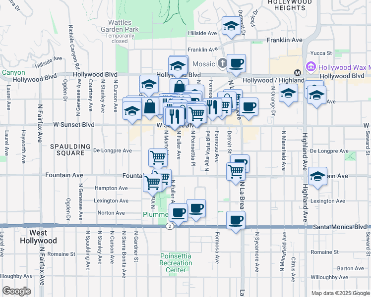 map of restaurants, bars, coffee shops, grocery stores, and more near 1400 North Fuller Avenue in Los Angeles
