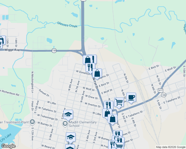 map of restaurants, bars, coffee shops, grocery stores, and more near 606 N 1st St in Madill