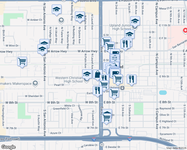 map of restaurants, bars, coffee shops, grocery stores, and more near 91 West 9th Street in Upland