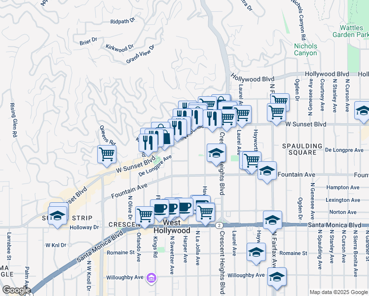 map of restaurants, bars, coffee shops, grocery stores, and more near 1425 North Harper Avenue in West Hollywood