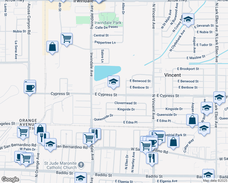 map of restaurants, bars, coffee shops, grocery stores, and more near 16125 Cypress Street in Covina