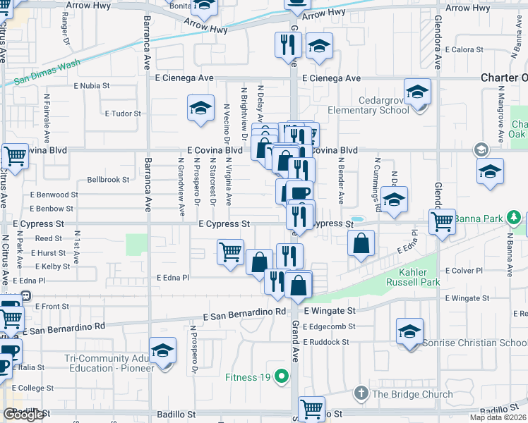 map of restaurants, bars, coffee shops, grocery stores, and more near 812 East Benbow Street in Covina