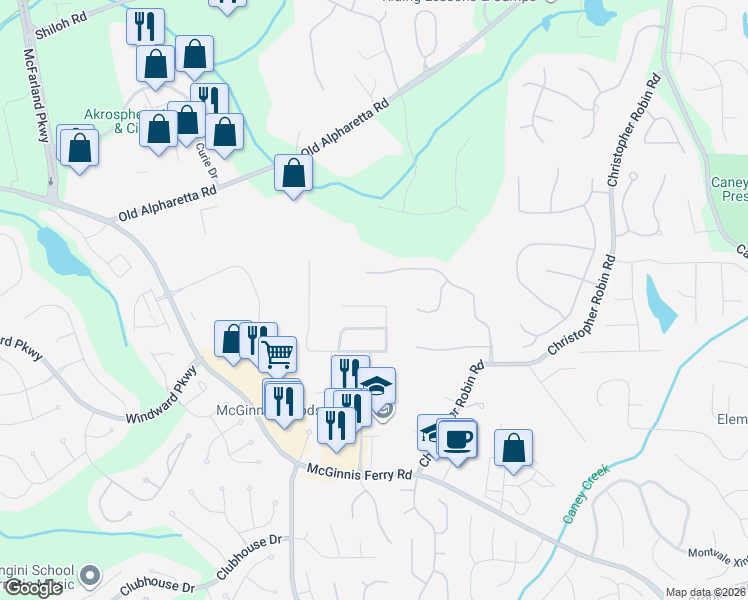 map of restaurants, bars, coffee shops, grocery stores, and more near 5580 Hastings Terrace in Alpharetta