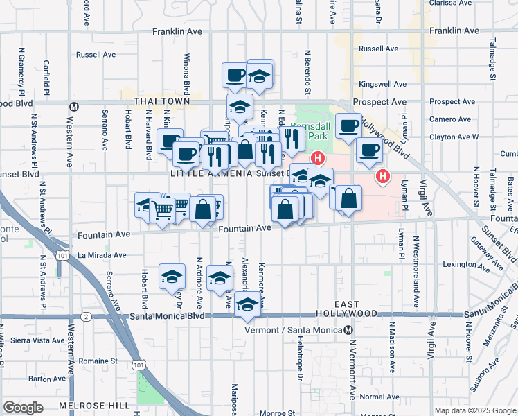 map of restaurants, bars, coffee shops, grocery stores, and more near 1337 North Kenmore Avenue in Los Angeles