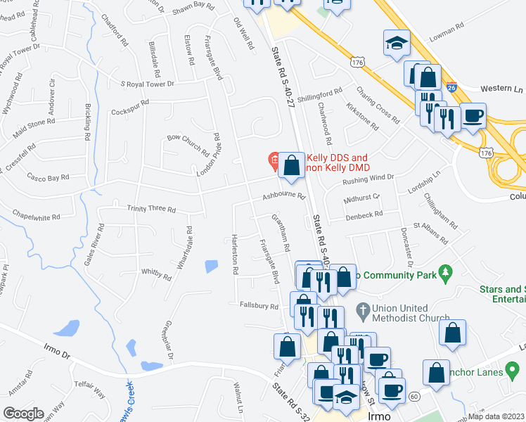 map of restaurants, bars, coffee shops, grocery stores, and more near 206 Grantham Road in Irmo