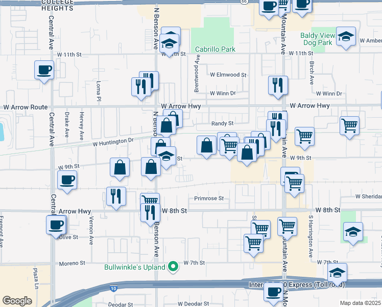 map of restaurants, bars, coffee shops, grocery stores, and more near 1495 West 9th Street in Upland