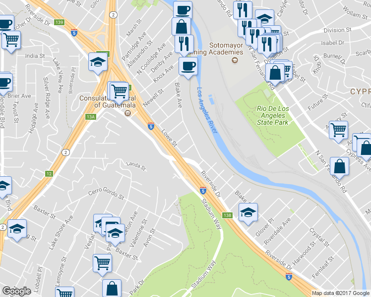map of restaurants, bars, coffee shops, grocery stores, and more near 2637 Blimp Street in Los Angeles