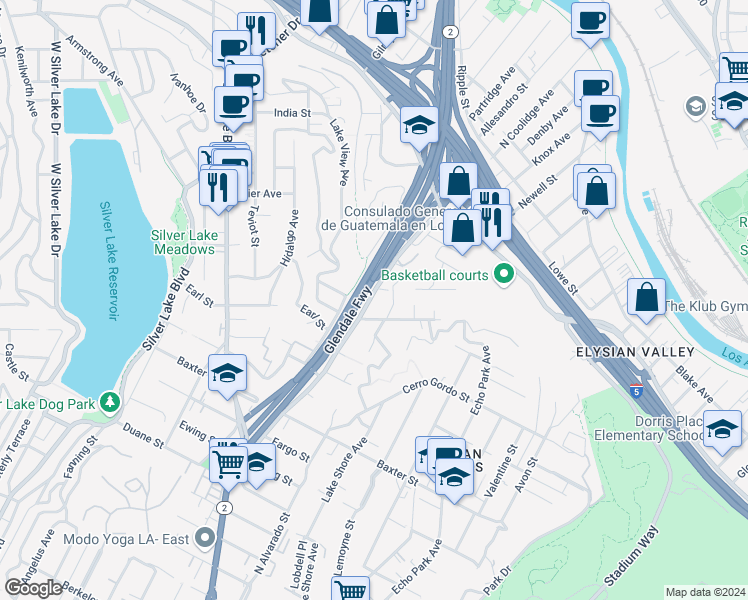 map of restaurants, bars, coffee shops, grocery stores, and more near 2376 1/2 Allesandro Street in Los Angeles