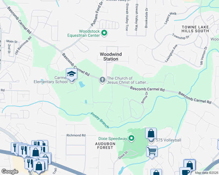 map of restaurants, bars, coffee shops, grocery stores, and more near 2197 Bascomb Carmel Road in Woodstock