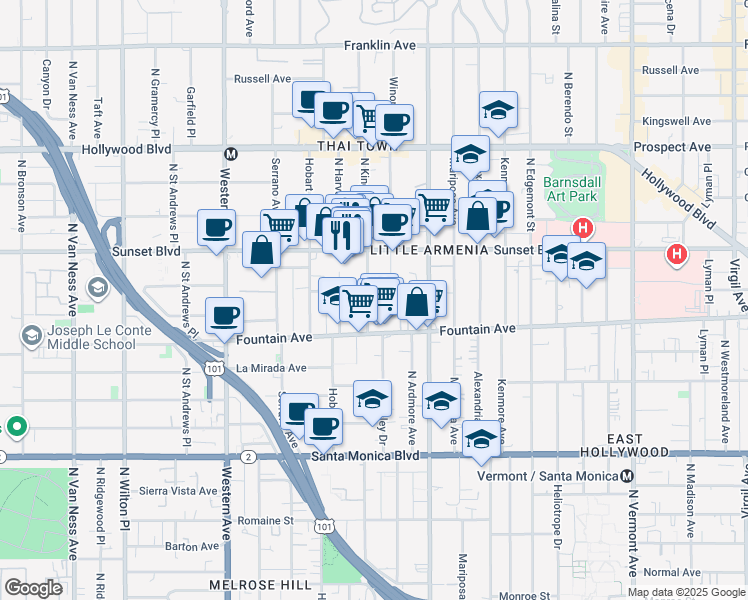 map of restaurants, bars, coffee shops, grocery stores, and more near in Los Angeles