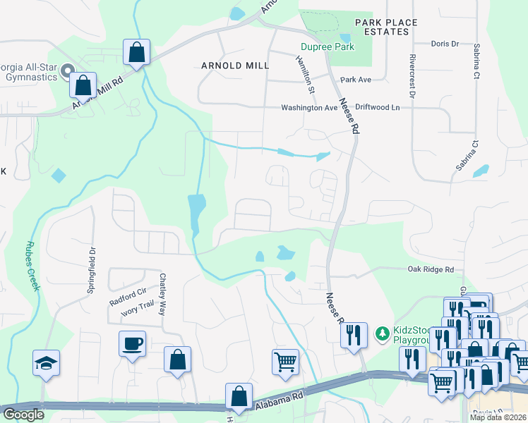 map of restaurants, bars, coffee shops, grocery stores, and more near 402 Waverly Place in Woodstock