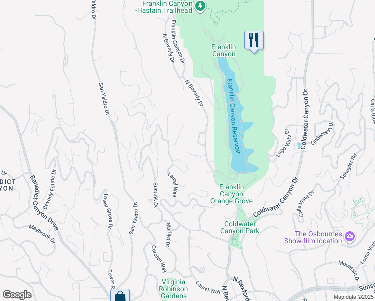 map of restaurants, bars, coffee shops, grocery stores, and more near 9629 Highland Gorge Drive in Beverly Hills