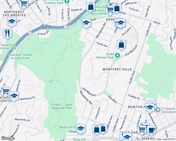 map of restaurants, bars, coffee shops, grocery stores, and more near 4239 Vía Arbolada in Los Angeles