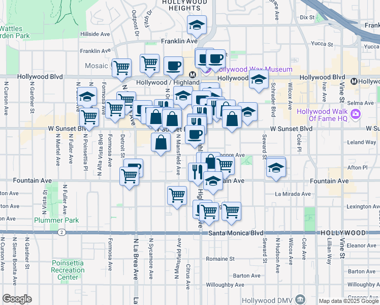 map of restaurants, bars, coffee shops, grocery stores, and more near 6823 De Longpre Avenue in Los Angeles