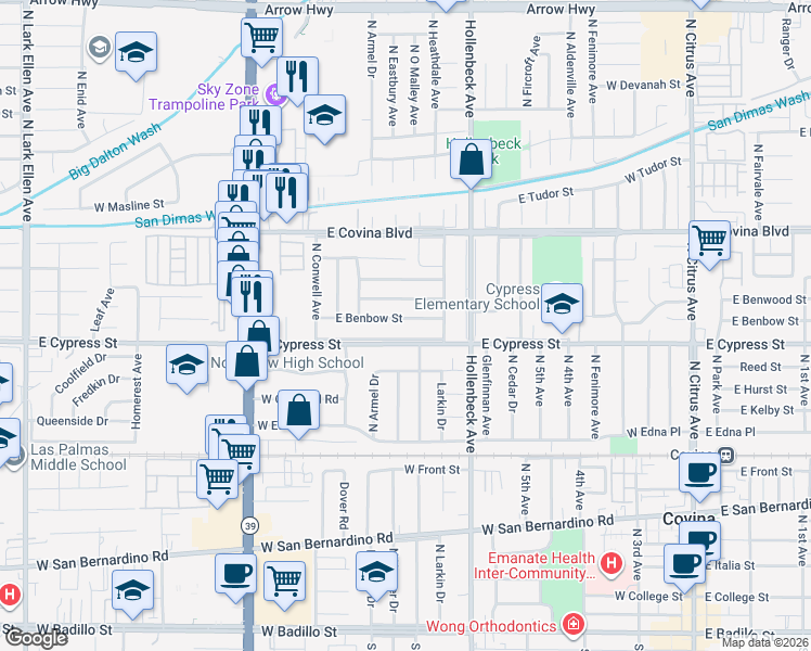 map of restaurants, bars, coffee shops, grocery stores, and more near 17804 East Benbow Street in Covina