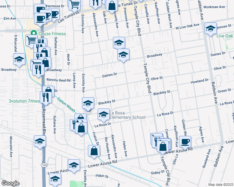 map of restaurants, bars, coffee shops, grocery stores, and more near 5327 Buttons Avenue in Temple City