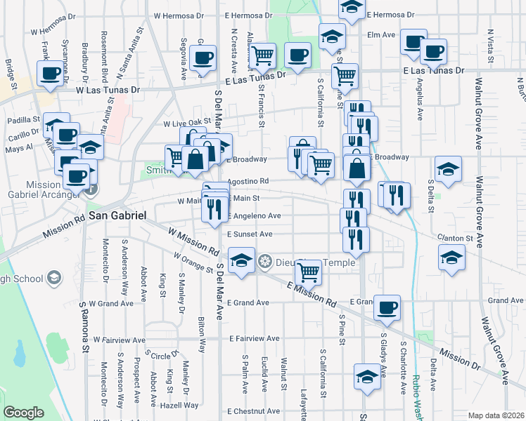 map of restaurants, bars, coffee shops, grocery stores, and more near 307 East Angeleno Avenue in San Gabriel