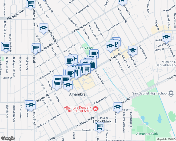 map of restaurants, bars, coffee shops, grocery stores, and more near 201 East Main Street in Alhambra