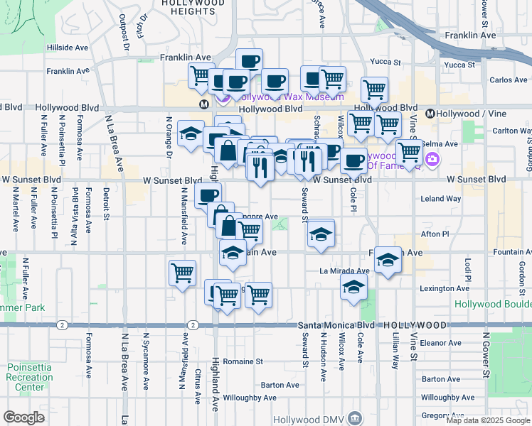 map of restaurants, bars, coffee shops, grocery stores, and more near 6651 De Longpre Avenue in Los Angeles