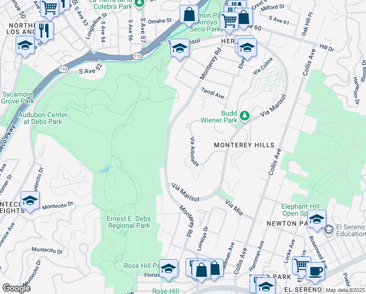 map of restaurants, bars, coffee shops, grocery stores, and more near 4239 Vía Arbolada in Los Angeles