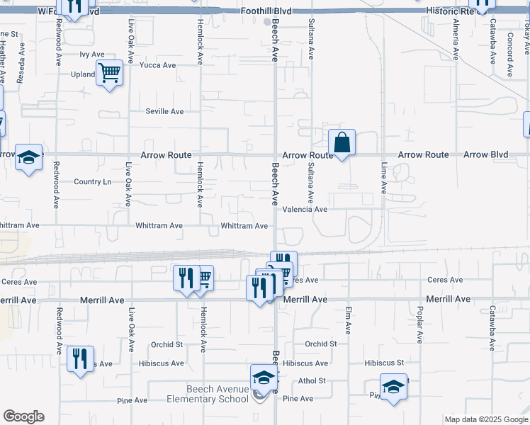 map of restaurants, bars, coffee shops, grocery stores, and more near 8666 Beech Avenue in Fontana