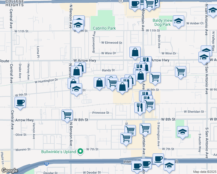 map of restaurants, bars, coffee shops, grocery stores, and more near 1369 West 9th Street in Upland