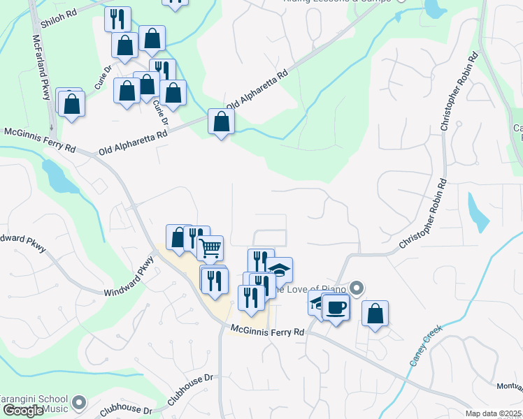 map of restaurants, bars, coffee shops, grocery stores, and more near 5630 Hastings Terrace in Alpharetta