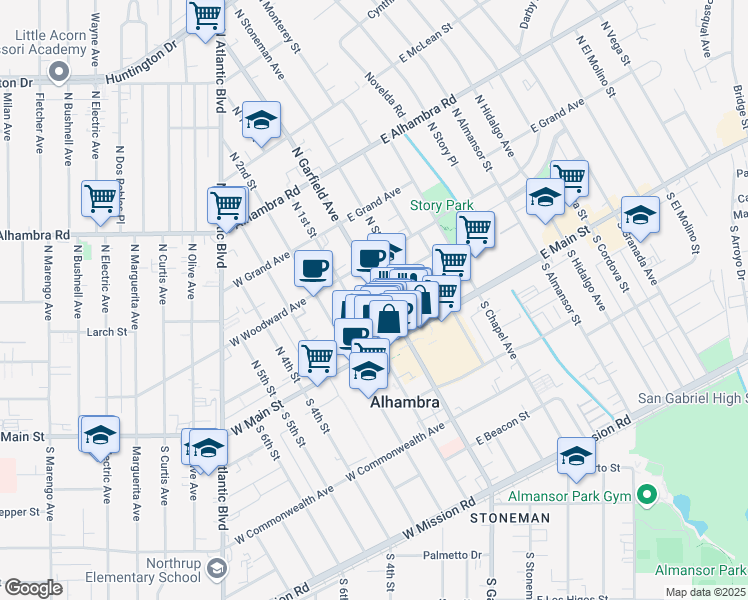map of restaurants, bars, coffee shops, grocery stores, and more near 123 North Garfield Avenue in Alhambra
