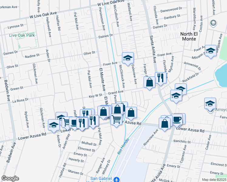 map of restaurants, bars, coffee shops, grocery stores, and more near 10733 Grand Avenue in Temple City