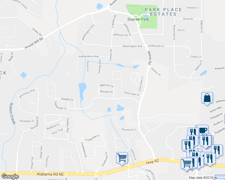 map of restaurants, bars, coffee shops, grocery stores, and more near 400 Waverly Pl in Woodstock