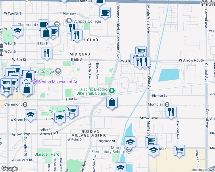 map of restaurants, bars, coffee shops, grocery stores, and more near 649 Blanchard Place in Claremont
