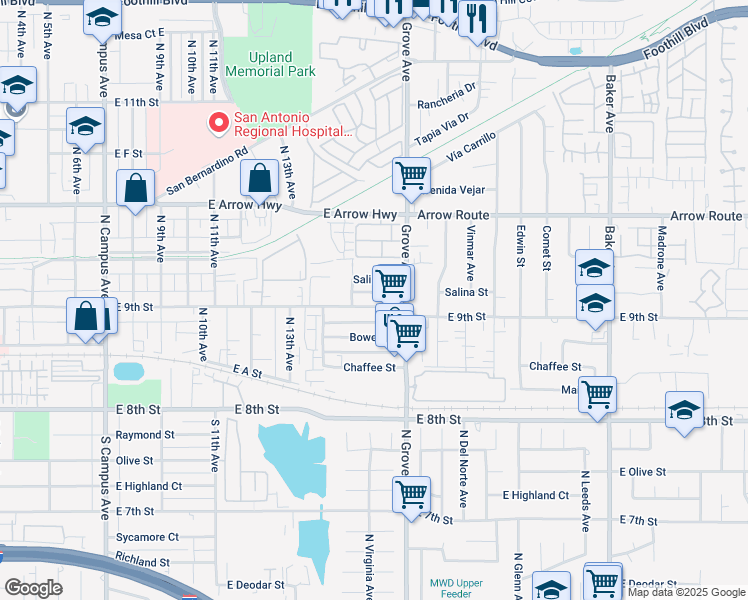 map of restaurants, bars, coffee shops, grocery stores, and more near 1437 East 9th Street in Upland