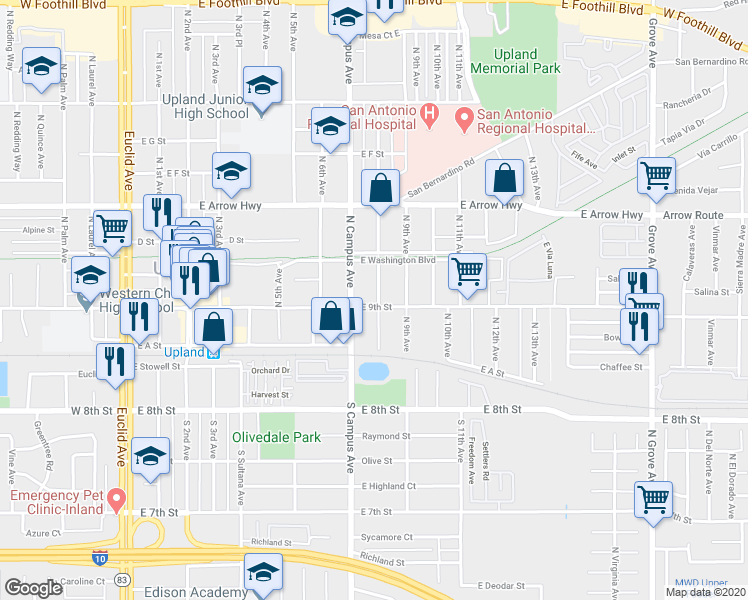 map of restaurants, bars, coffee shops, grocery stores, and more near 789 East 9th Street in Upland
