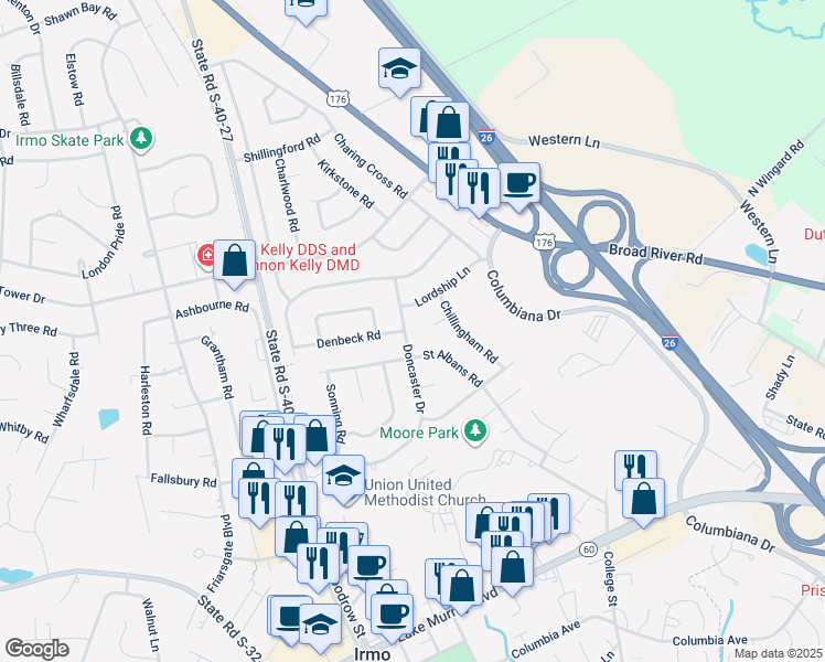 map of restaurants, bars, coffee shops, grocery stores, and more near 212 Doncaster Drive in Irmo