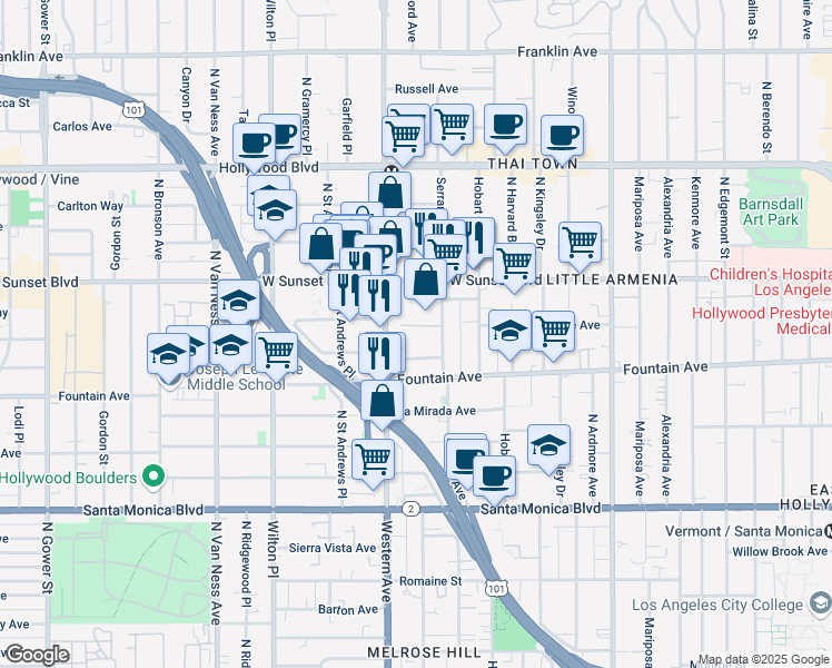 map of restaurants, bars, coffee shops, grocery stores, and more near 5417 Fernwood Avenue in Los Angeles
